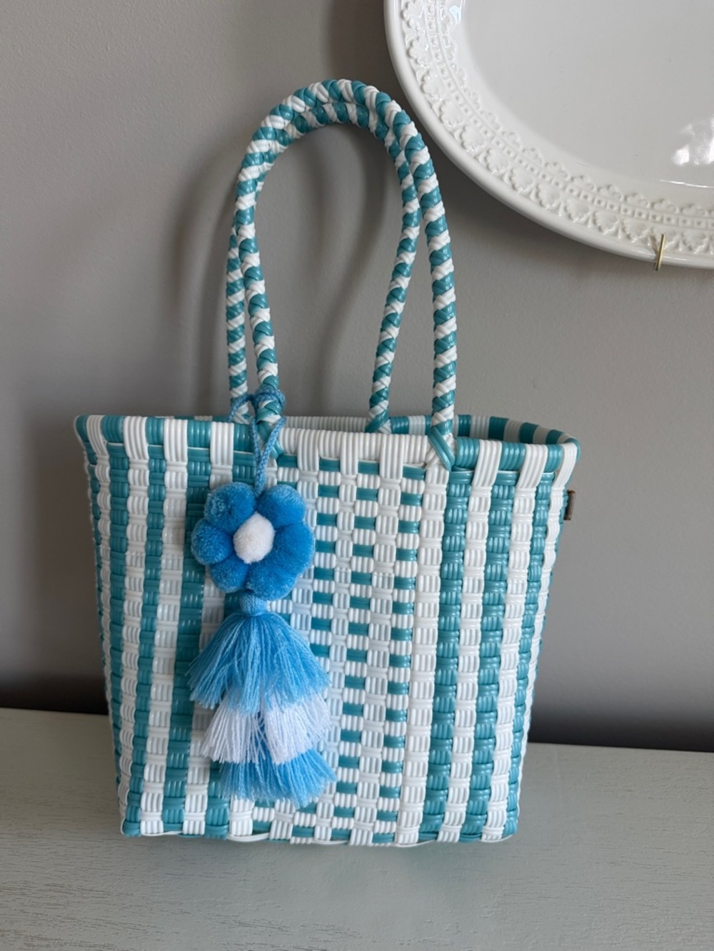 Squeeze De Citron Aqua Sky Blue White Small Mini Tote Bag Beach Summer
